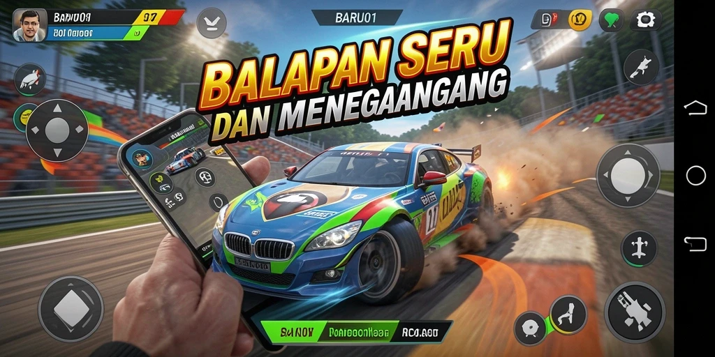 Screenshot gameplay BARU01 yang menampilkan aksi balapan mendebarkan.