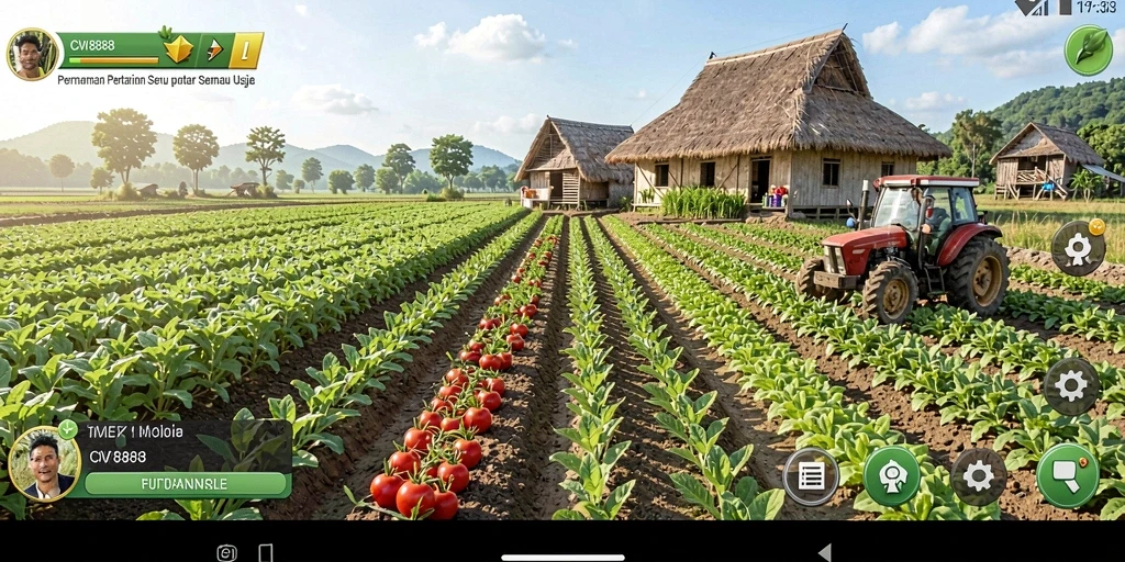 Gambar gameplay CW8888 yang menunjukkan ladang subur dan aktivitas bertani.
