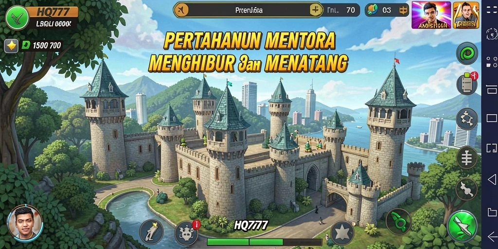 Screenshot menunjukkan aksi pertahanan menara yang mendebarkan di HQ777.