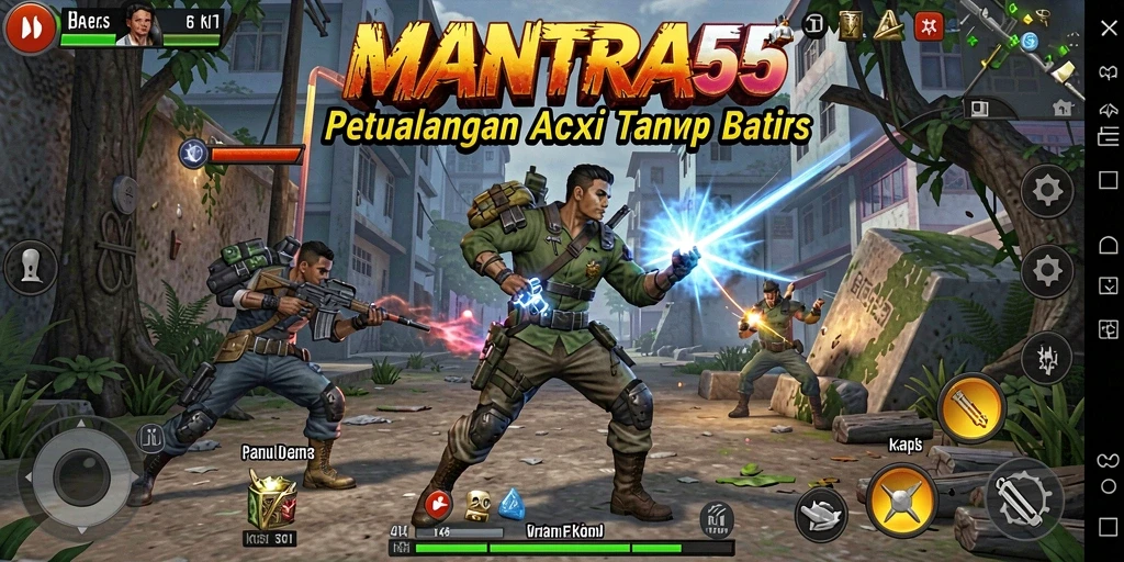 Screenshot utama <strong>MANTRA55</strong> menunjukkan aksi seru dan grafis yang menakjubkan.