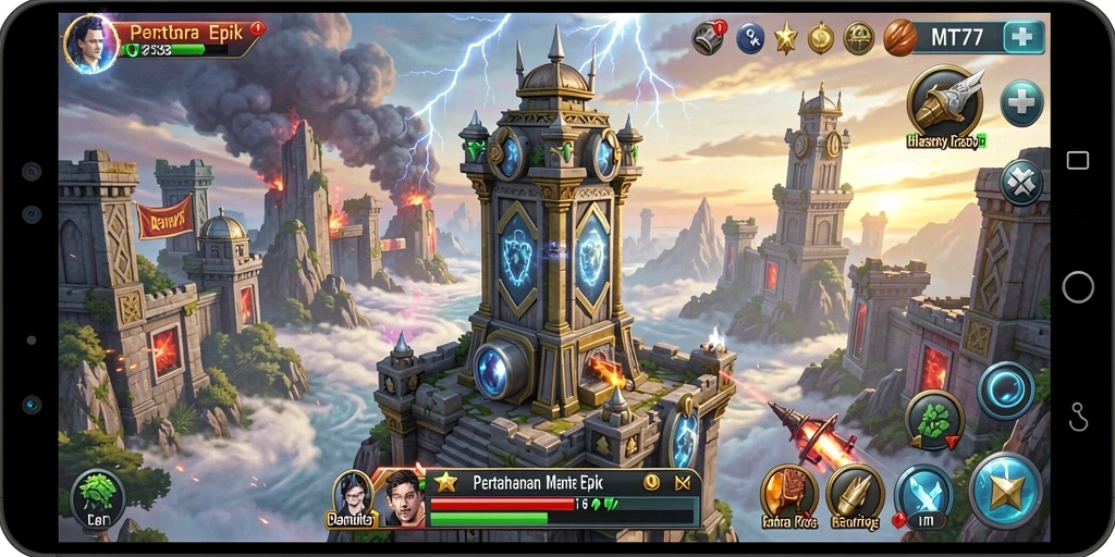 Screenshot utama MT777 menampilkan aksi pertahanan Tower Defense yang mendebarkan.
